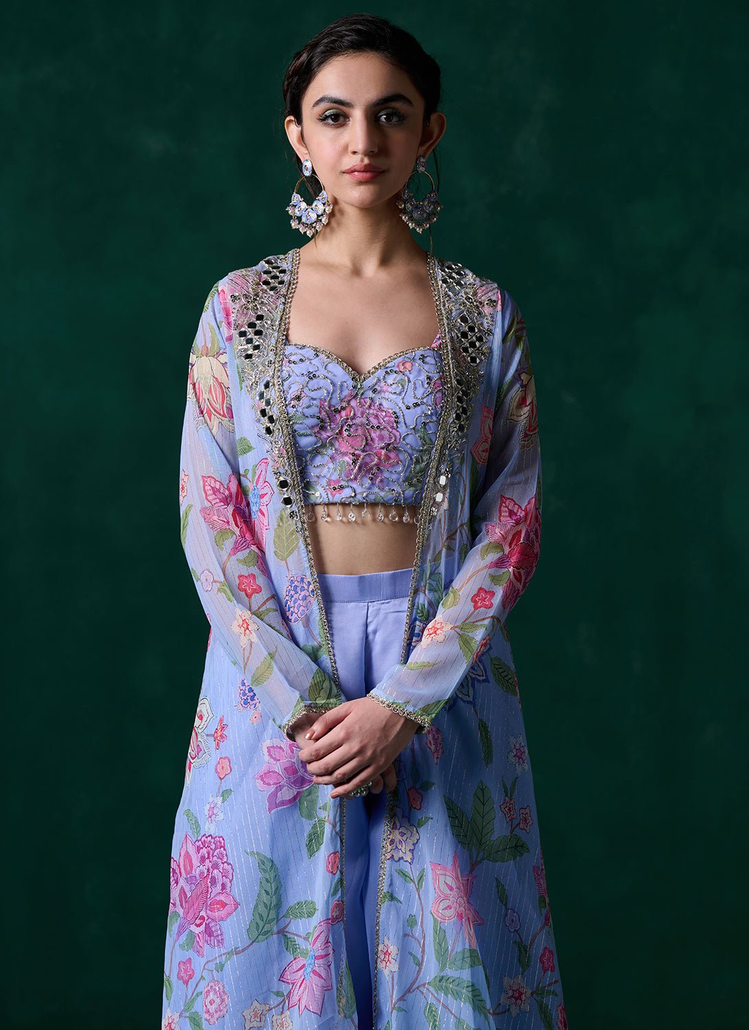 Periwinkle Floral Printed Pant Set With Jacket - Lashkaraa