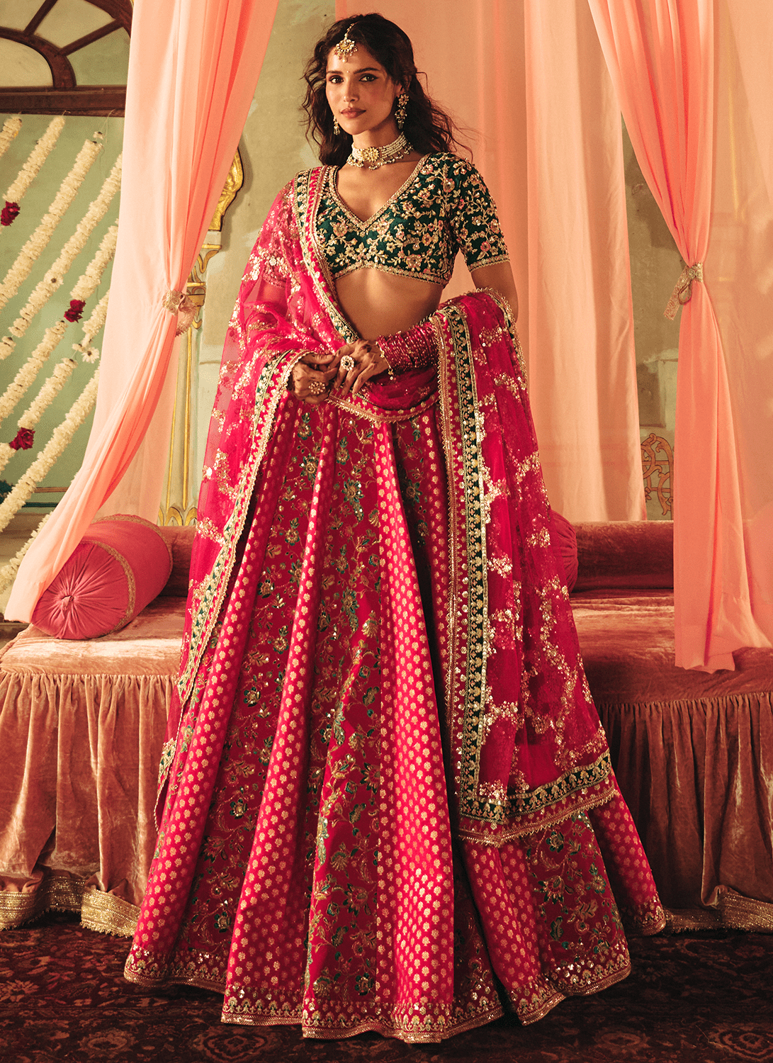 Pink and Green Embroidered Silk Lehenga - Lashkaraa