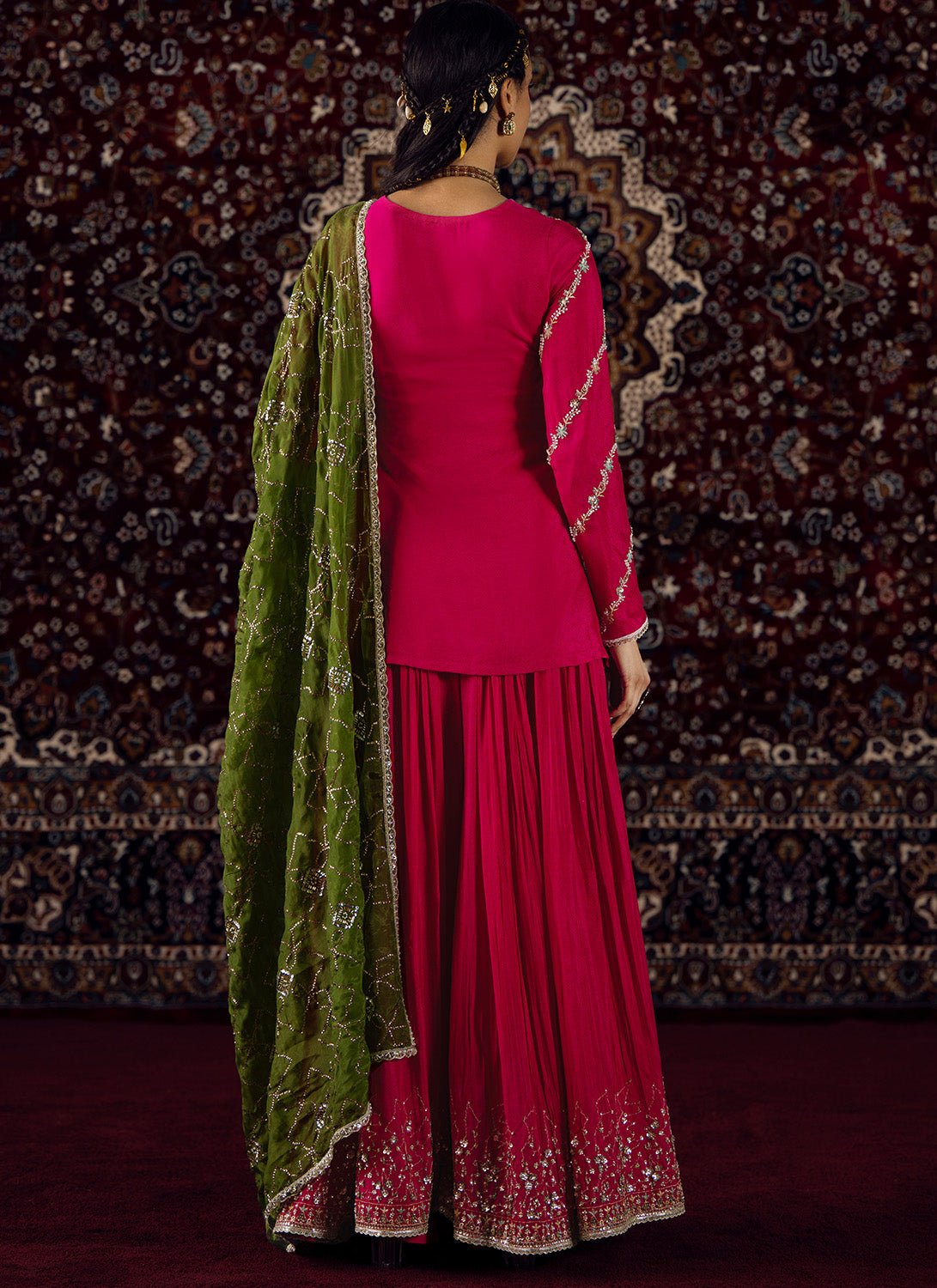 Pink and Mehendi Green Embroidered Viscose Crepe Sharara - Lashkaraa