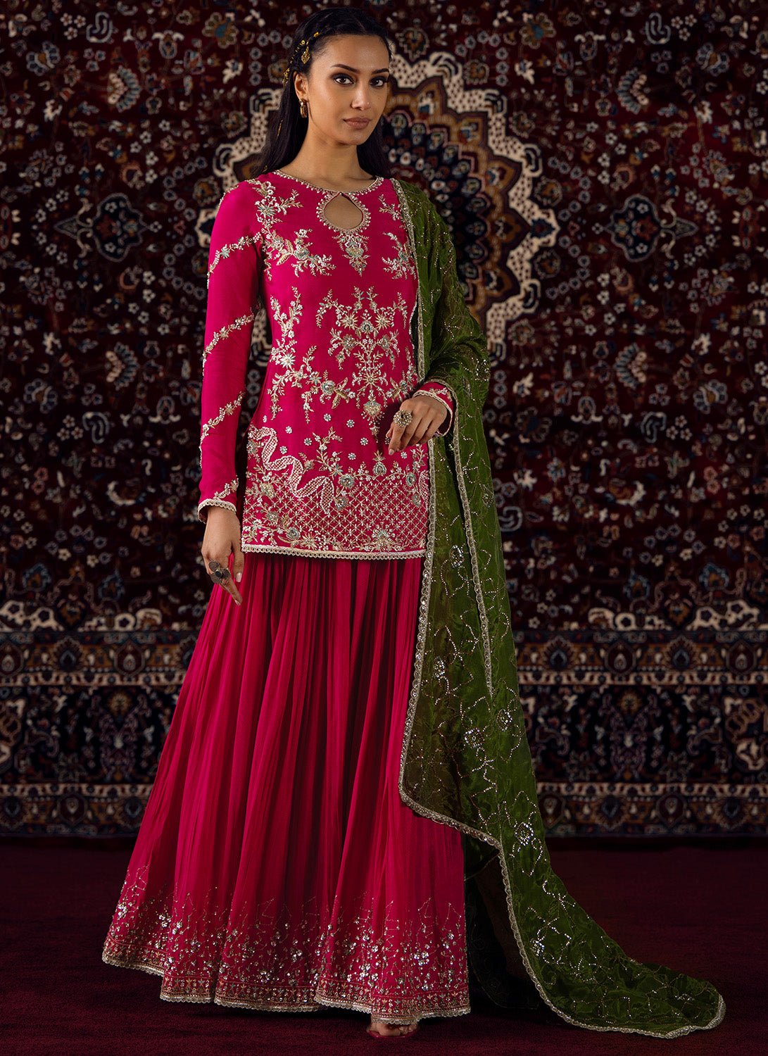 Pink and Mehendi Green Embroidered Viscose Crepe Sharara - Lashkaraa