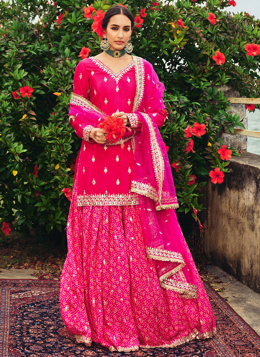 Pink Embroidered Bandhani Sharara - Lashkaraa