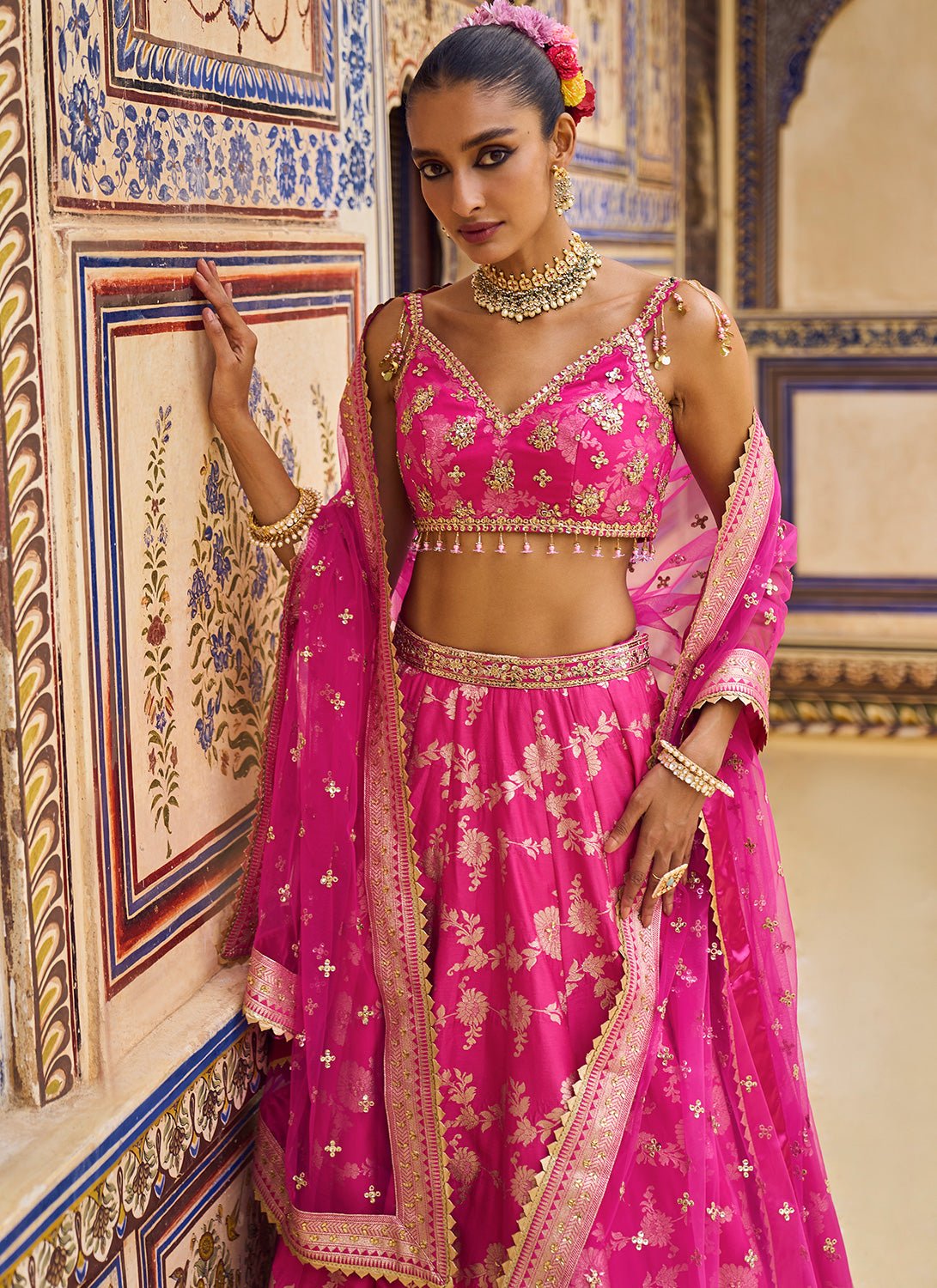 Pink Embroidered Brocade Lehenga - Lashkaraa