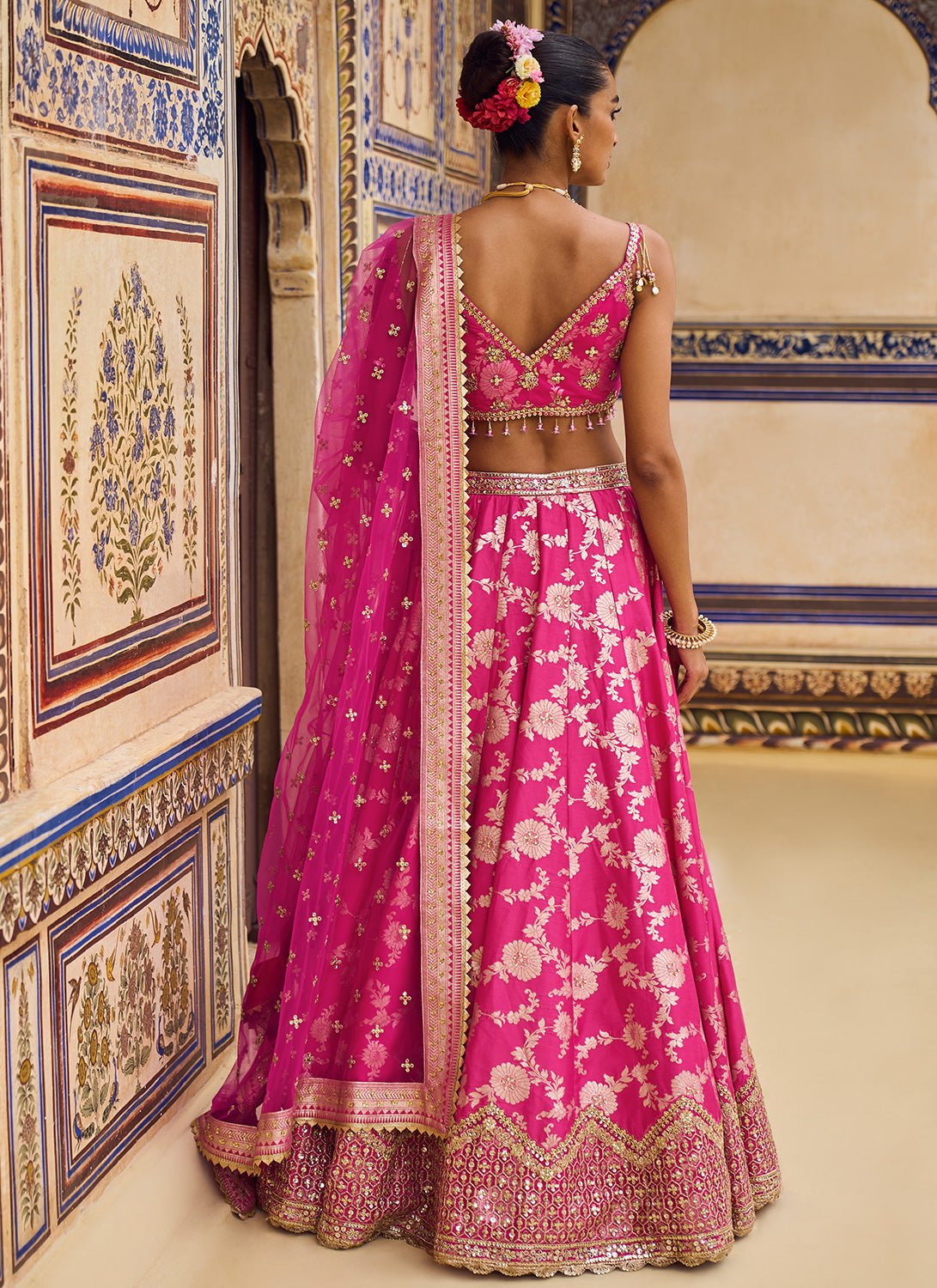 Pink Embroidered Brocade Lehenga - Lashkaraa