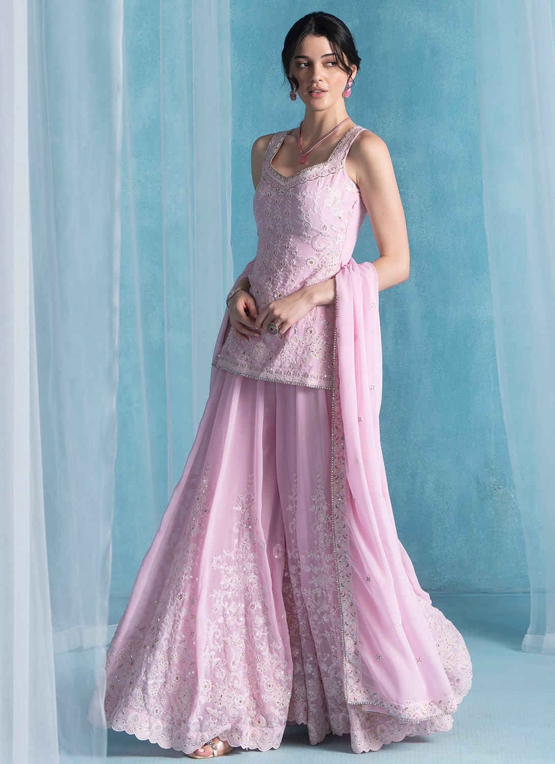 Pink Embroidered Lucknowi Sharara Suit Pink Embroidered Lucknowi Sharara Suit