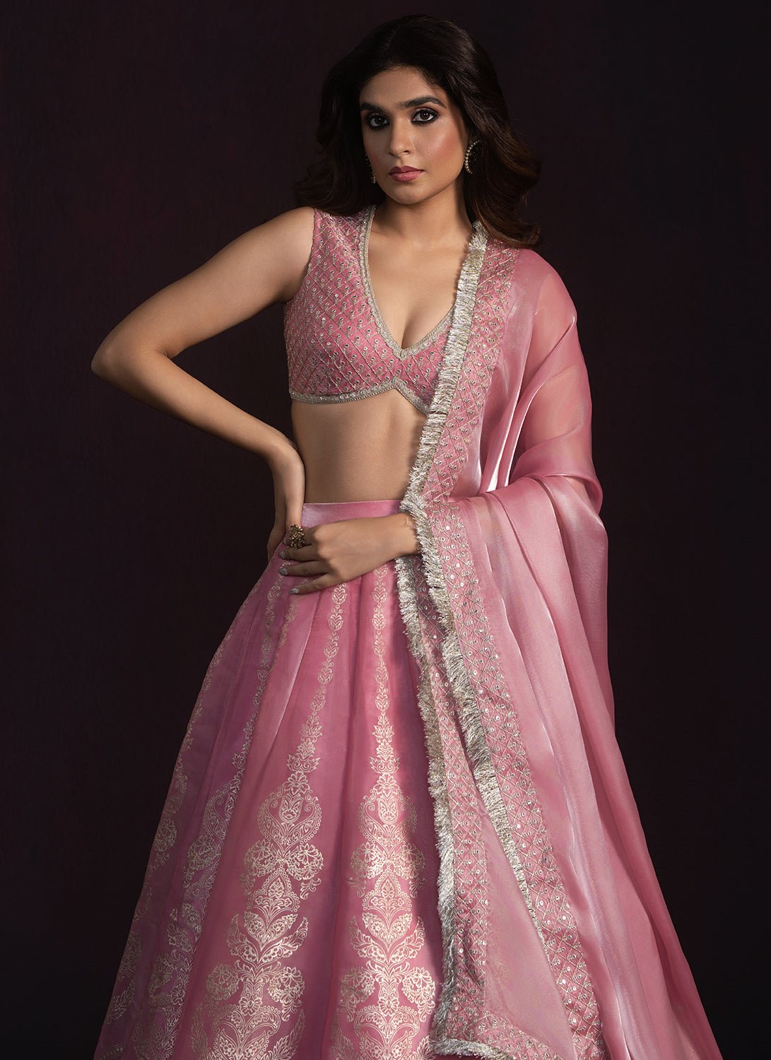 Pink Embroidered Organza Lehenga - Lashkaraa