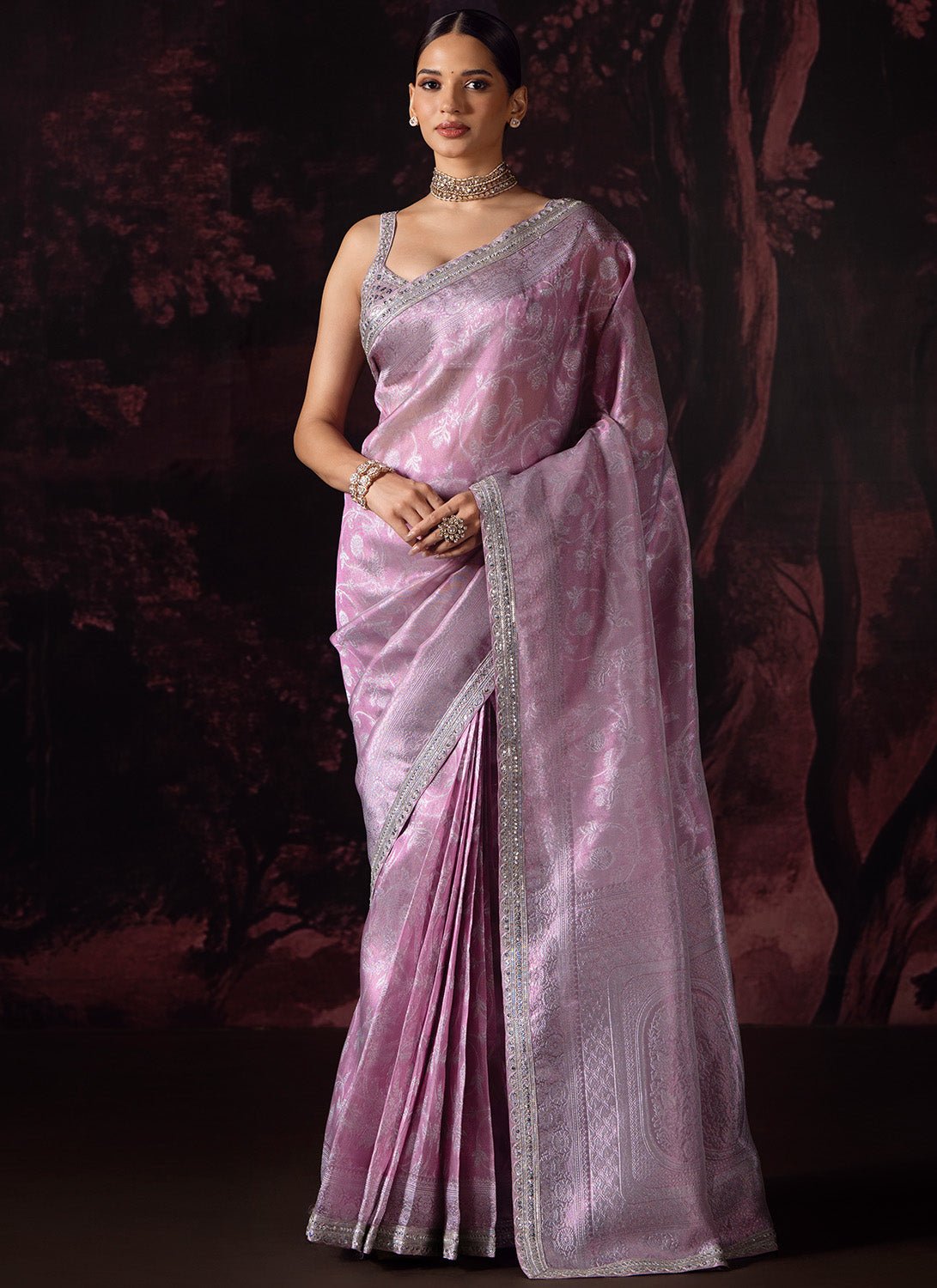 Pink Embroidered Tissue Saree - Lashkaraa