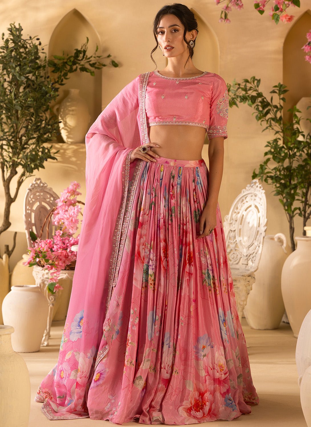 Pink Floral Embroidered Satin Georgette Lehenga - Lashkaraa