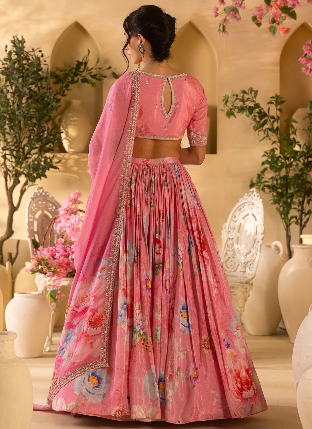 Pink Floral Embroidered Satin Georgette Lehenga - Lashkaraa
