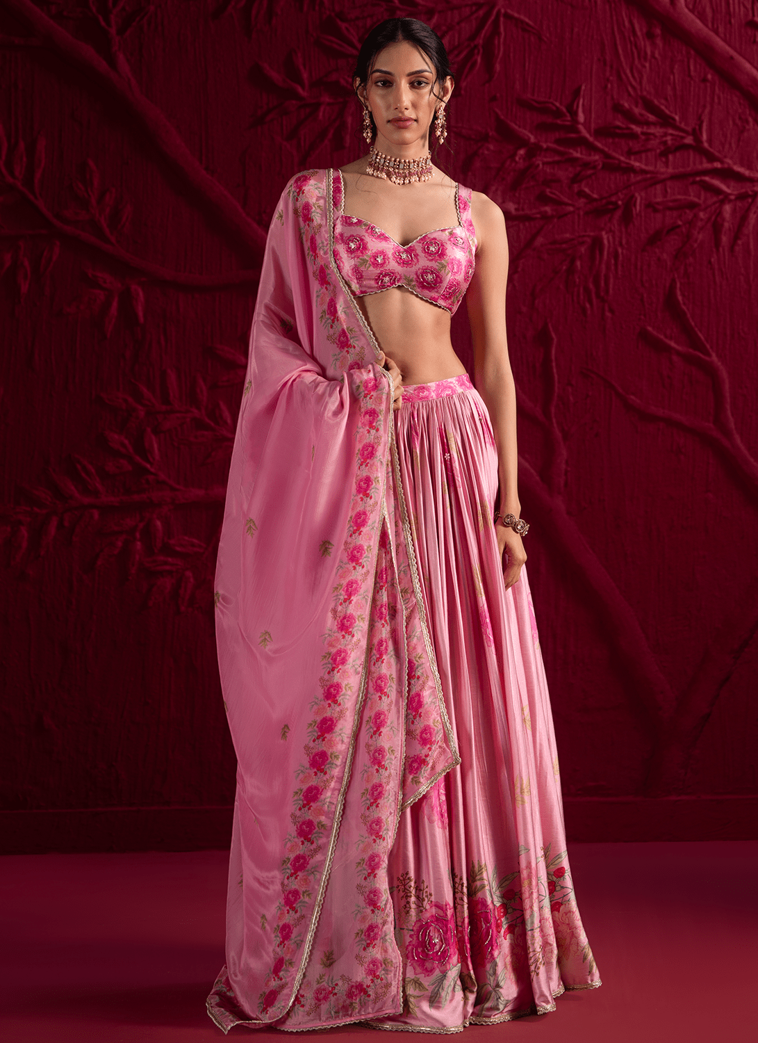 Pink Floral Embroidered Satin Georgette Lehenga - Lashkaraa