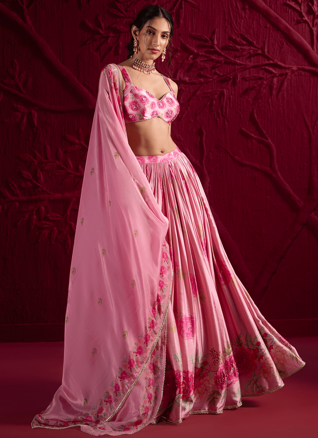 Pink Floral Embroidered Satin Georgette Lehenga - Lashkaraa