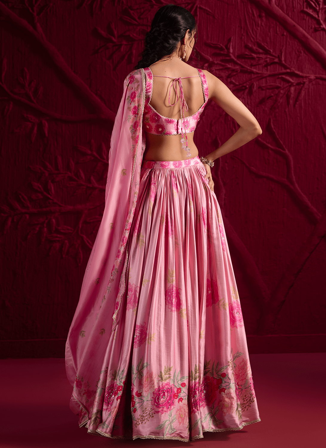 Pink Floral Embroidered Satin Georgette Lehenga - Lashkaraa