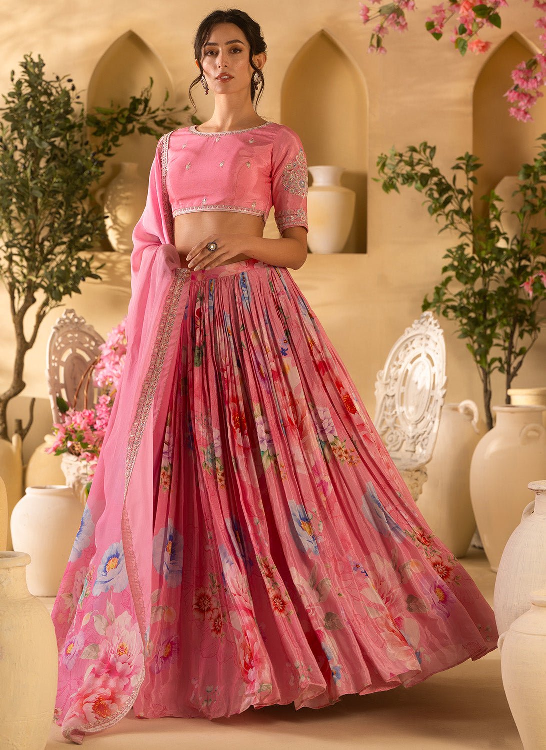 Pink Floral Embroidered Satin Georgette Lehenga - Lashkaraa