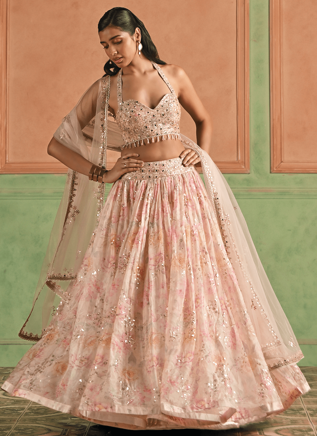 Pink Floral Embroidered Tissue Lehenga - Lashkaraa