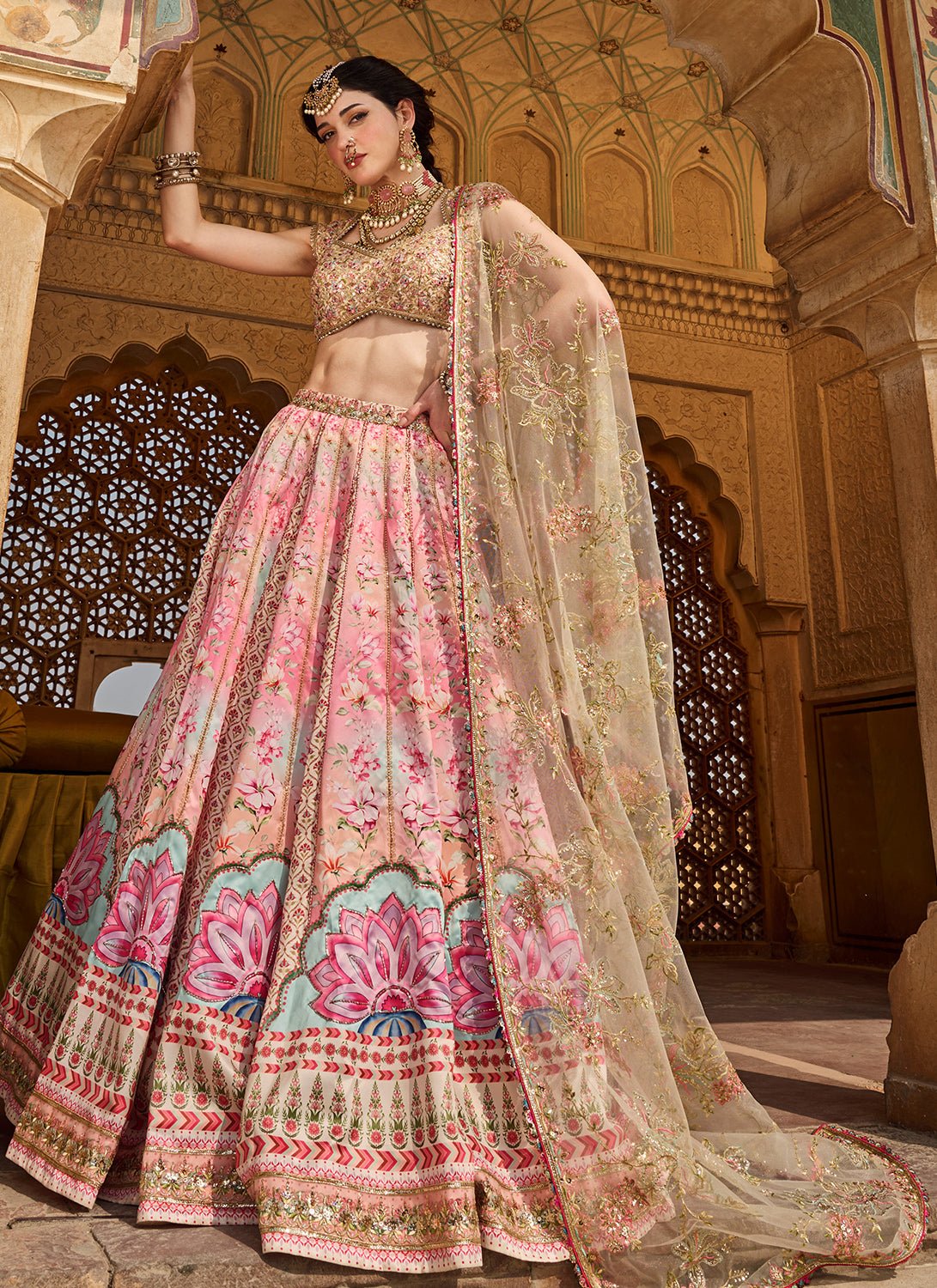 Pink Multicolor Printed Satin Lehenga - Lashkaraa
