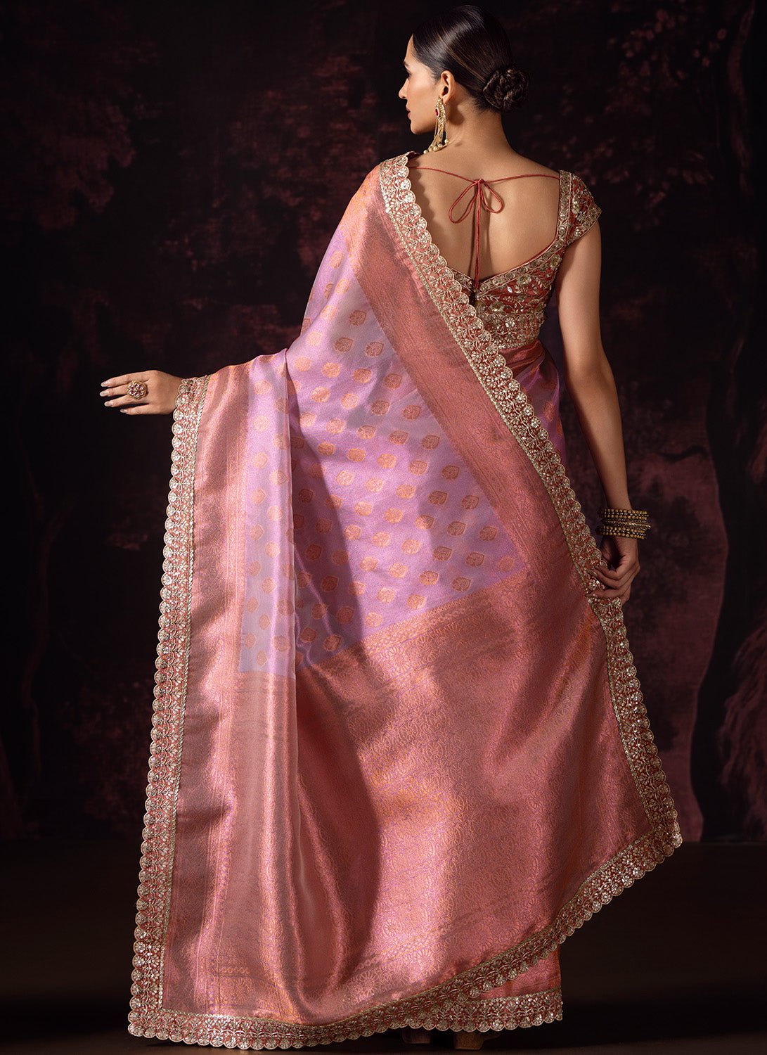 Pink Ombre Embroidered Tissue Saree - Lashkaraa