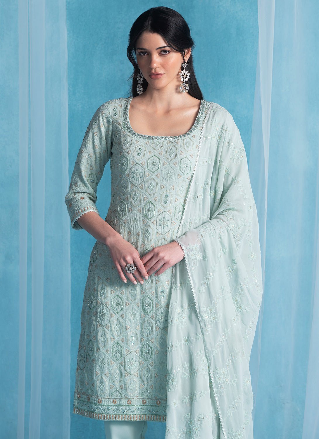 Pistachio Green Embroidered Lucknowi Straight Suit - Lashkaraa