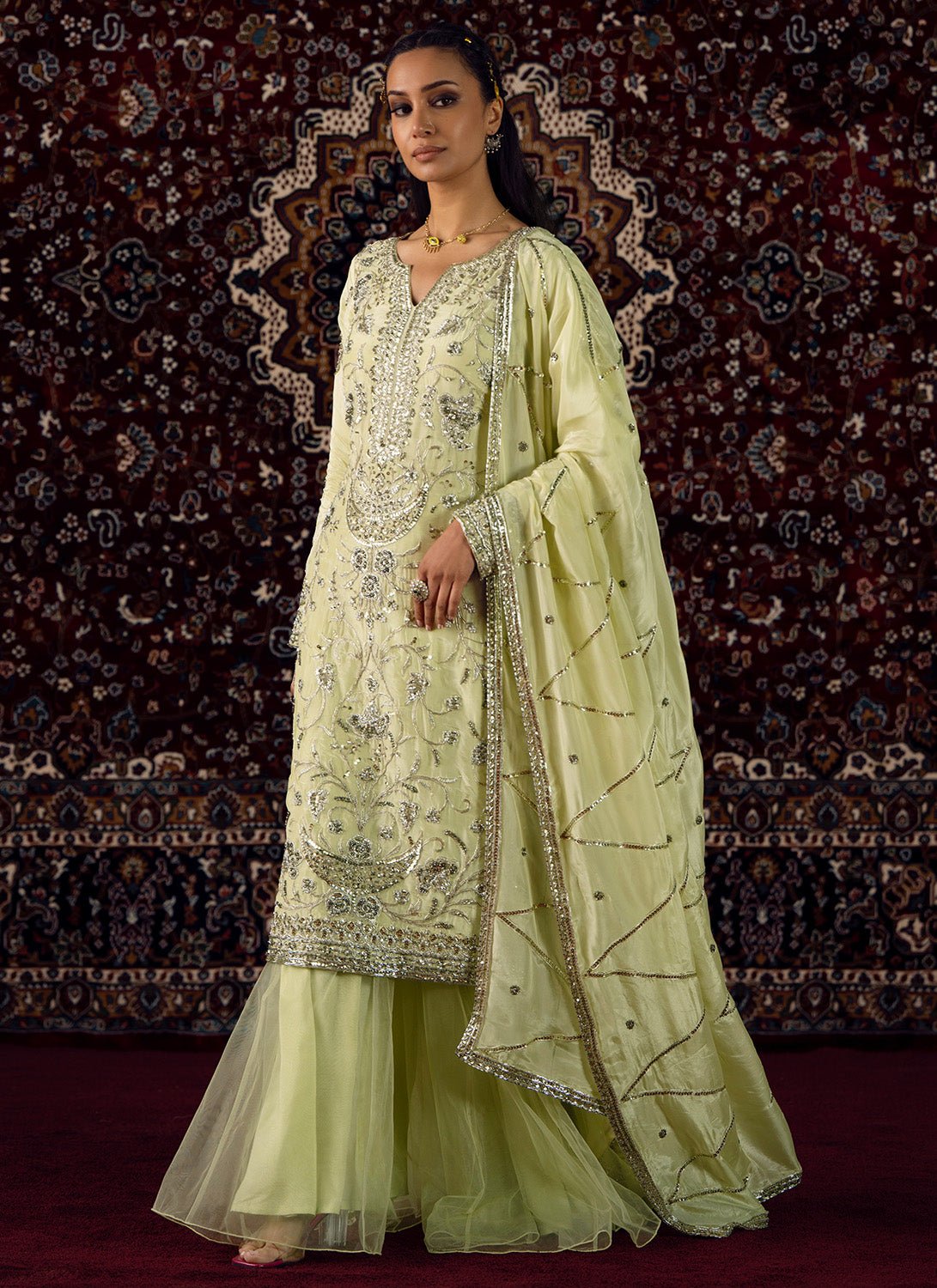 Pistachio Green Embroidered Silk Sharara Suit - Lashkaraa