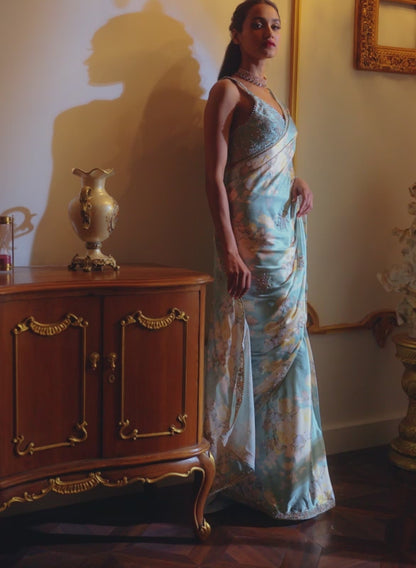 Dusty Mint Floral Printed Saree