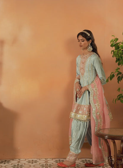 Pink and Light Blue Embroidered Punjabi Suit