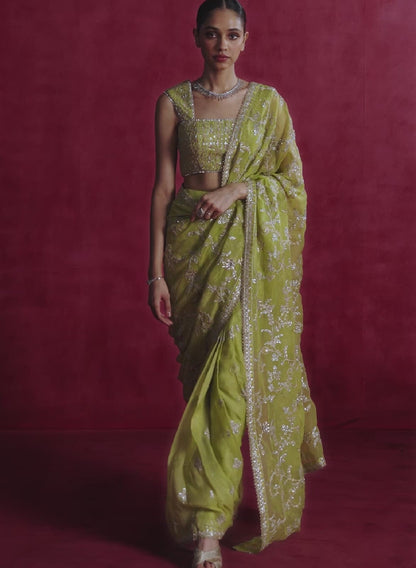 Lime Green Embroidered Net Saree