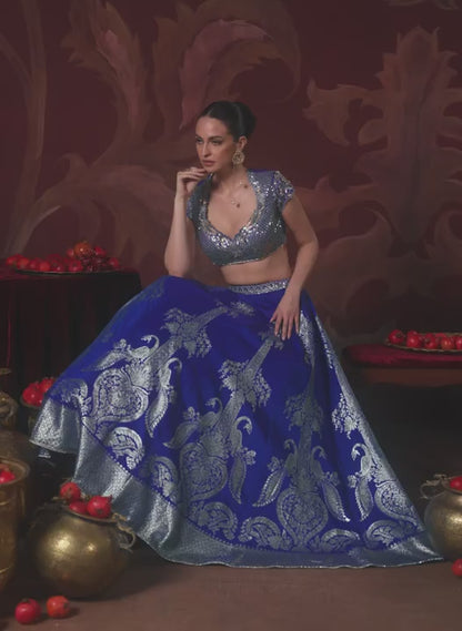 Royal Blue Embroidered Brocade Lehenga