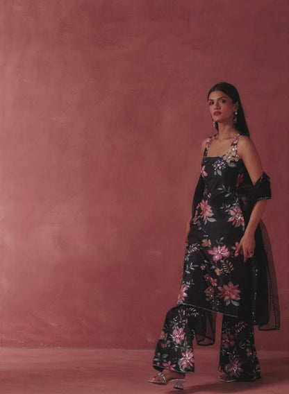 Black and Pink Floral Printed Straight Suit