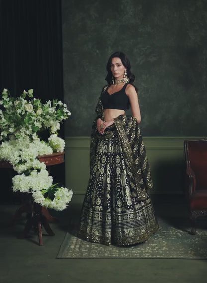 Black Embroidered Brocade Lehenga