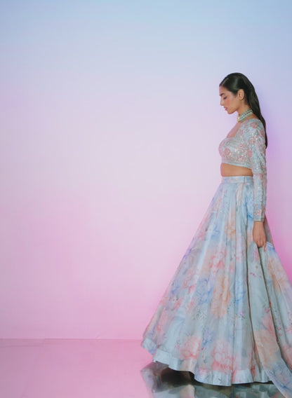 Light Blue Multicolor Floral Embellished Lehenga