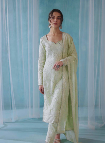 Soft Mint Embroidered Lucknowi Straight Suit