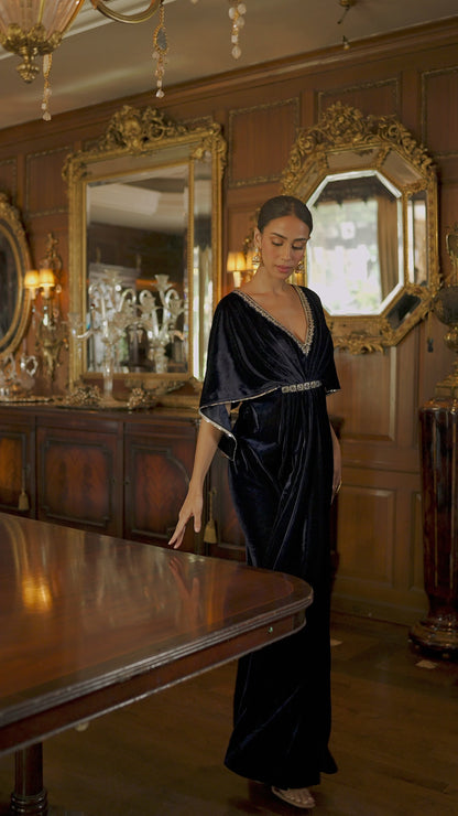 Blue Embroidered Velvet Kaftan