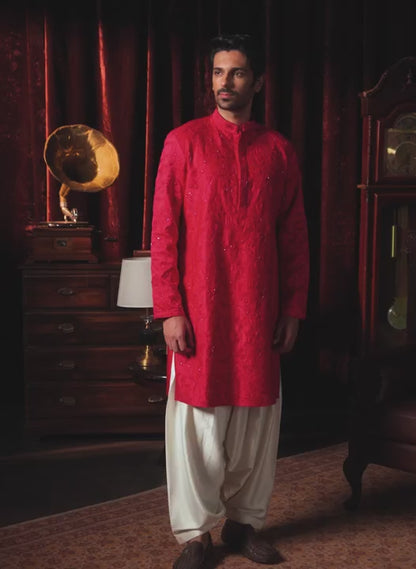 Crimson Embroidered Silk Kurta Set