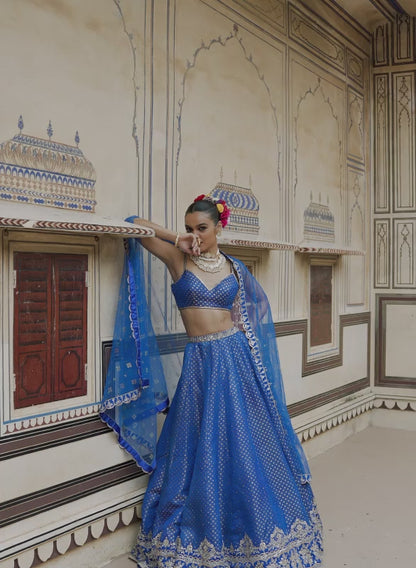 Blue Embroidered Brocade Lehenga