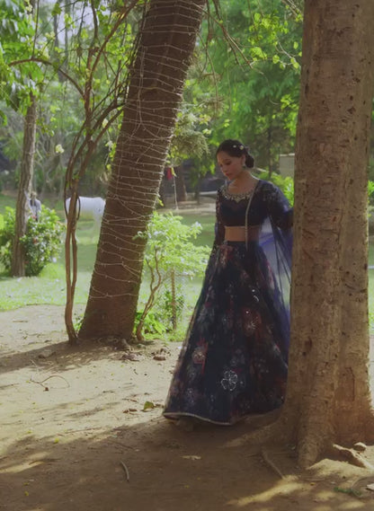 Navy Blue Floral Embroidered Lehenga