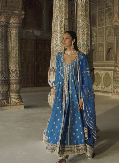 Blue Embroidered Anarkali Style Palazzo