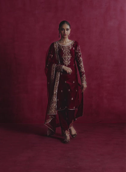 Maroon Embroidered Silk Straight Suit