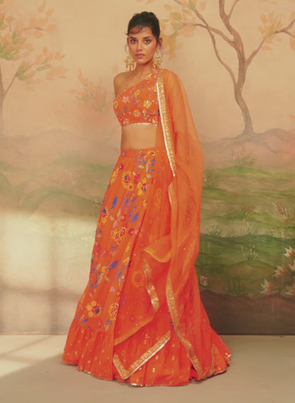 Orange Floral Printed Lehenga