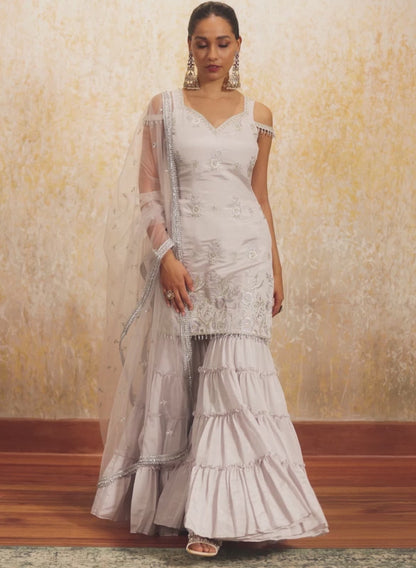 Light Grey Embroidered Sharara Suit