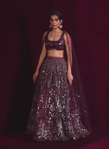 Wine Embroidered Net Lehenga