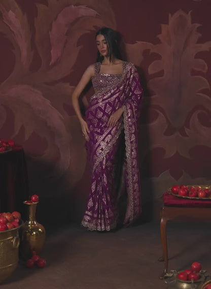 Magenta Embroidered Brocade Saree