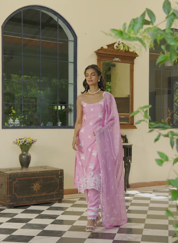 Pink Embroidered Cotton Straight Suit With Dupatta