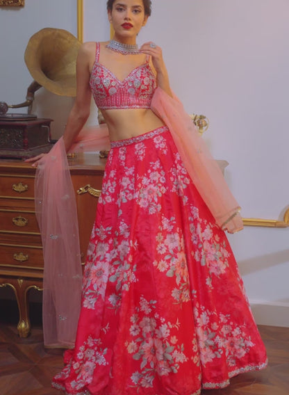 Red Floral Printed Lehenga