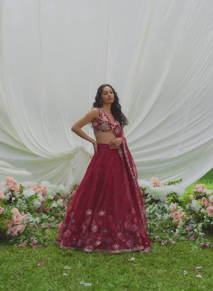 Red Multicolor Floral Embroidered Lehenga