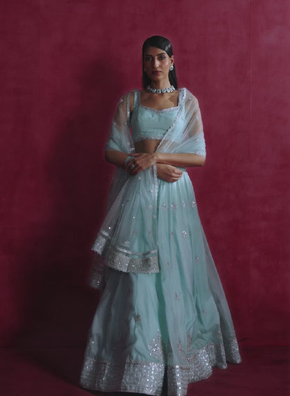 Sky Blue Embroidered Crepe Lehenga