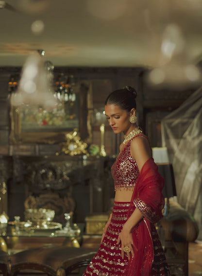 Red Embroidered Velvet Lehenga