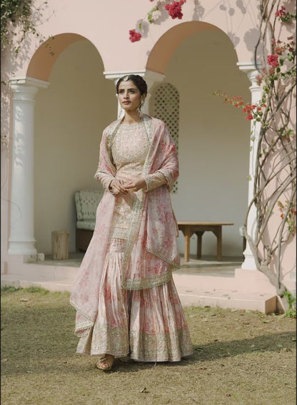 Blush Peach Floral Embroidered Gharara Suit