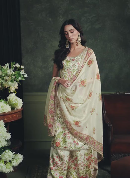 Off White Multicolor Printed Palazzo Suit