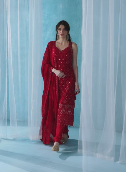 Maroon Embroidered Lucknowi Straight Suit