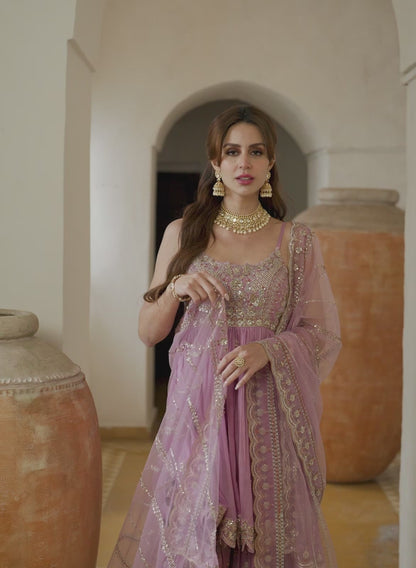 Lilac Rose Embroidered Gharara Suit