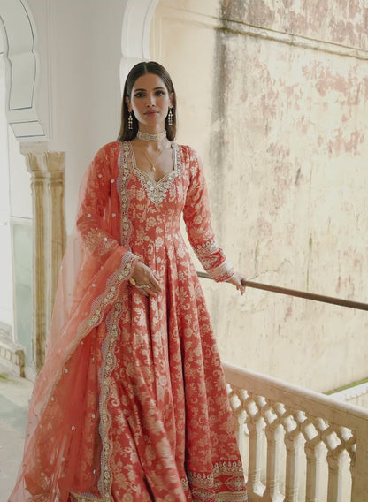 Orange Embroidered Brocade Anarkali