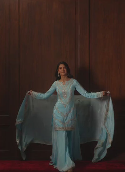 Light Blue Embroidered Crepe Sharara